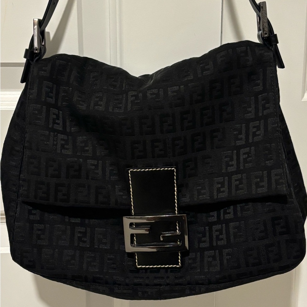 Fendi Zucchino Mamma Baguette Black Logo Canvas Bag - Model 8BR001